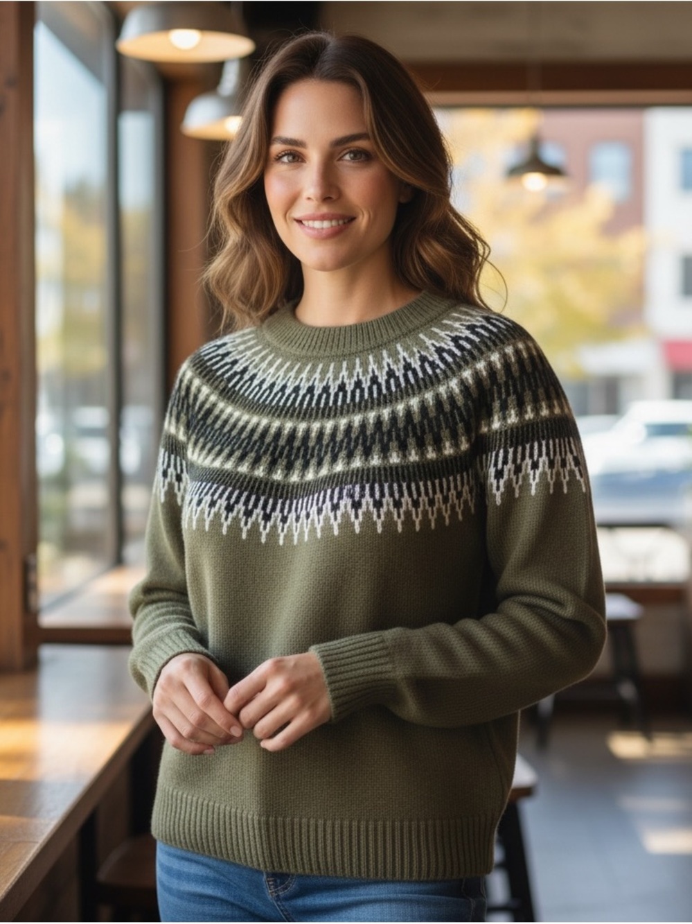 Panache Olive Fair Isle Crewneck Sweater with Black & White Yoke